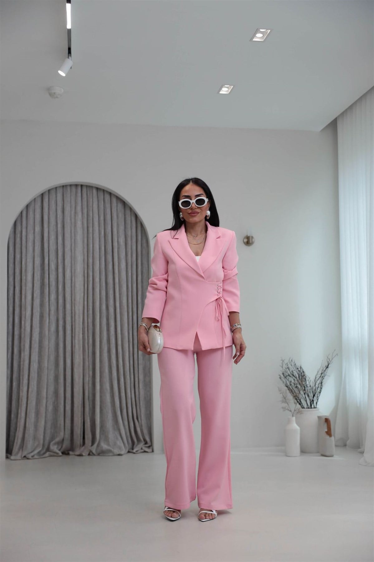 9295 Yandan Kuşgözü Bağlama Detaylı Ceket Pantolon Takım PEMBE