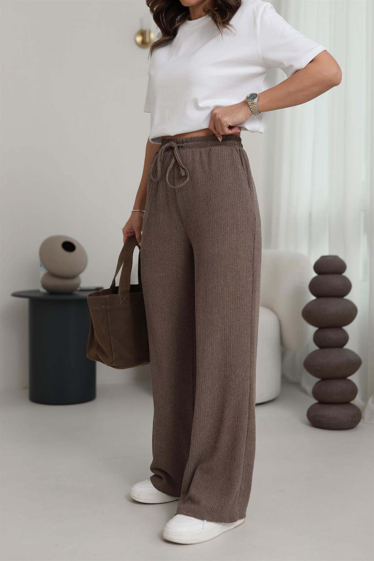 6525 Beli Lastikli Bürümcük Kumaş Rahat Pantolon VİZON