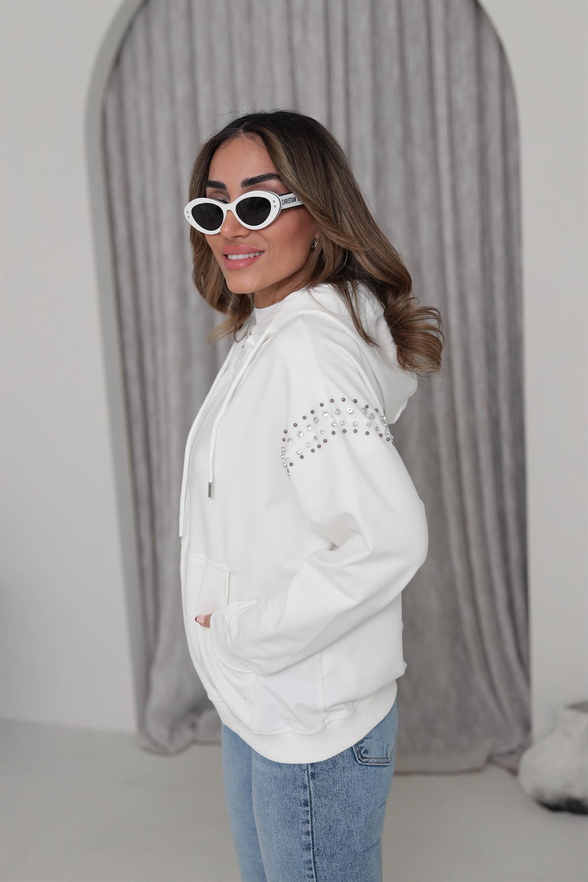 5294 Fermuarlı Kolları Taşlı Kapşonlu Sweatshirt EKRU