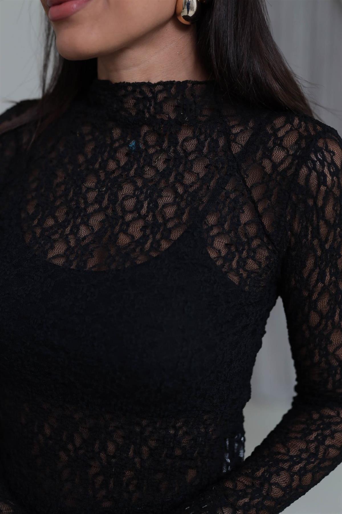 1013 Uzun Kollu Dantel Bluz SİYAH