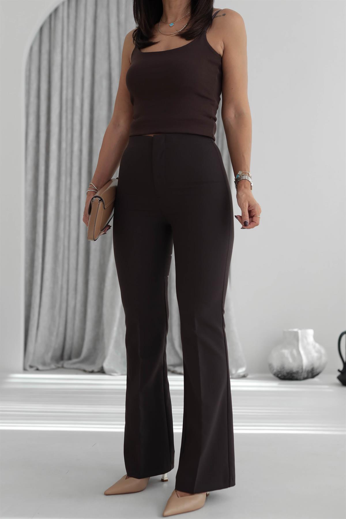 7049 İspanyol Paça Kumaş Pantolon KAHVE