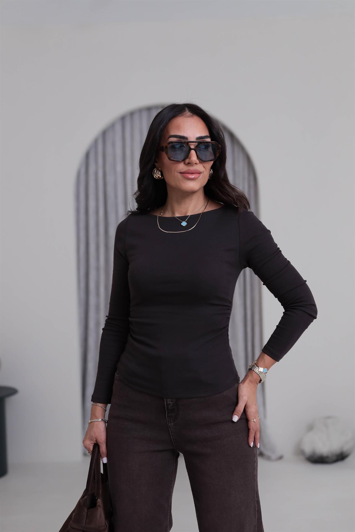 1401 Kayık Yaka Büzgülü Uzun Kollu Bluz ACI KAHVE