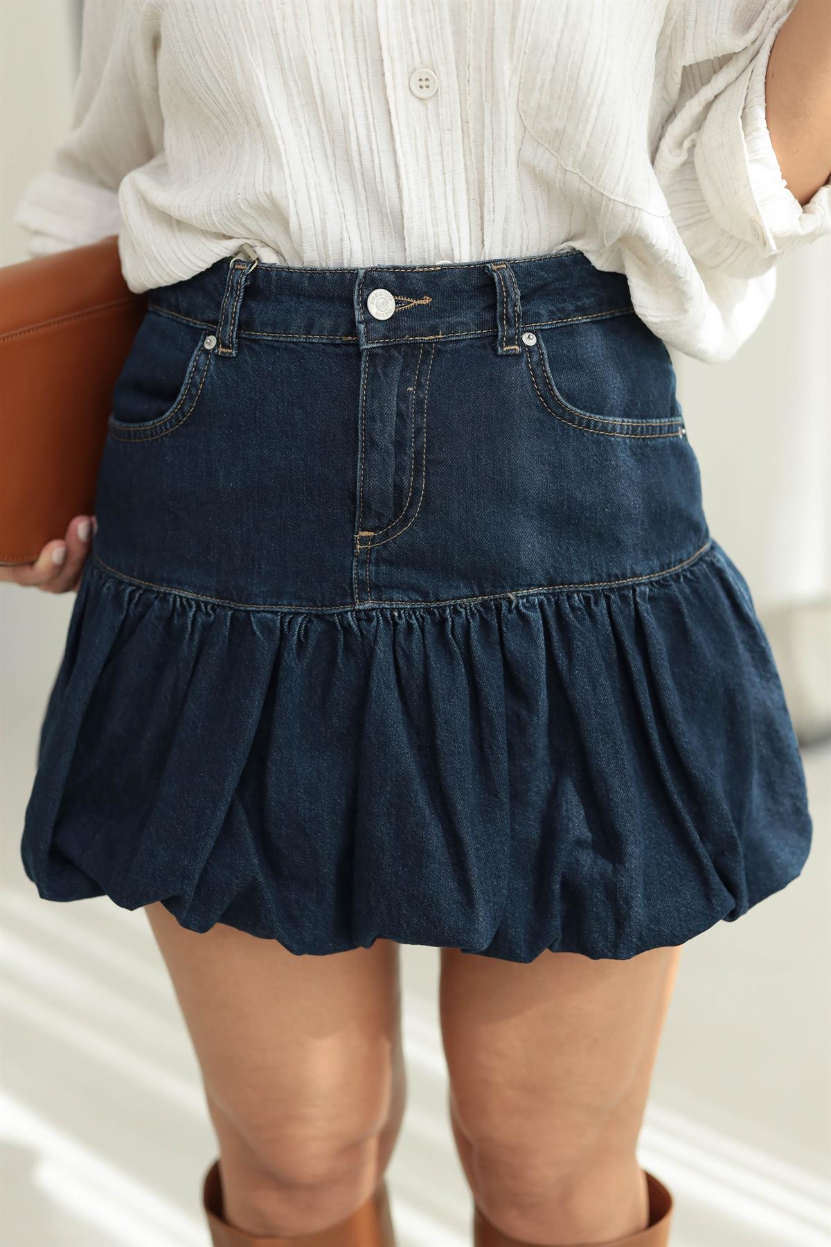 0573 Denim Mini Balon Etek KOYU LACİ