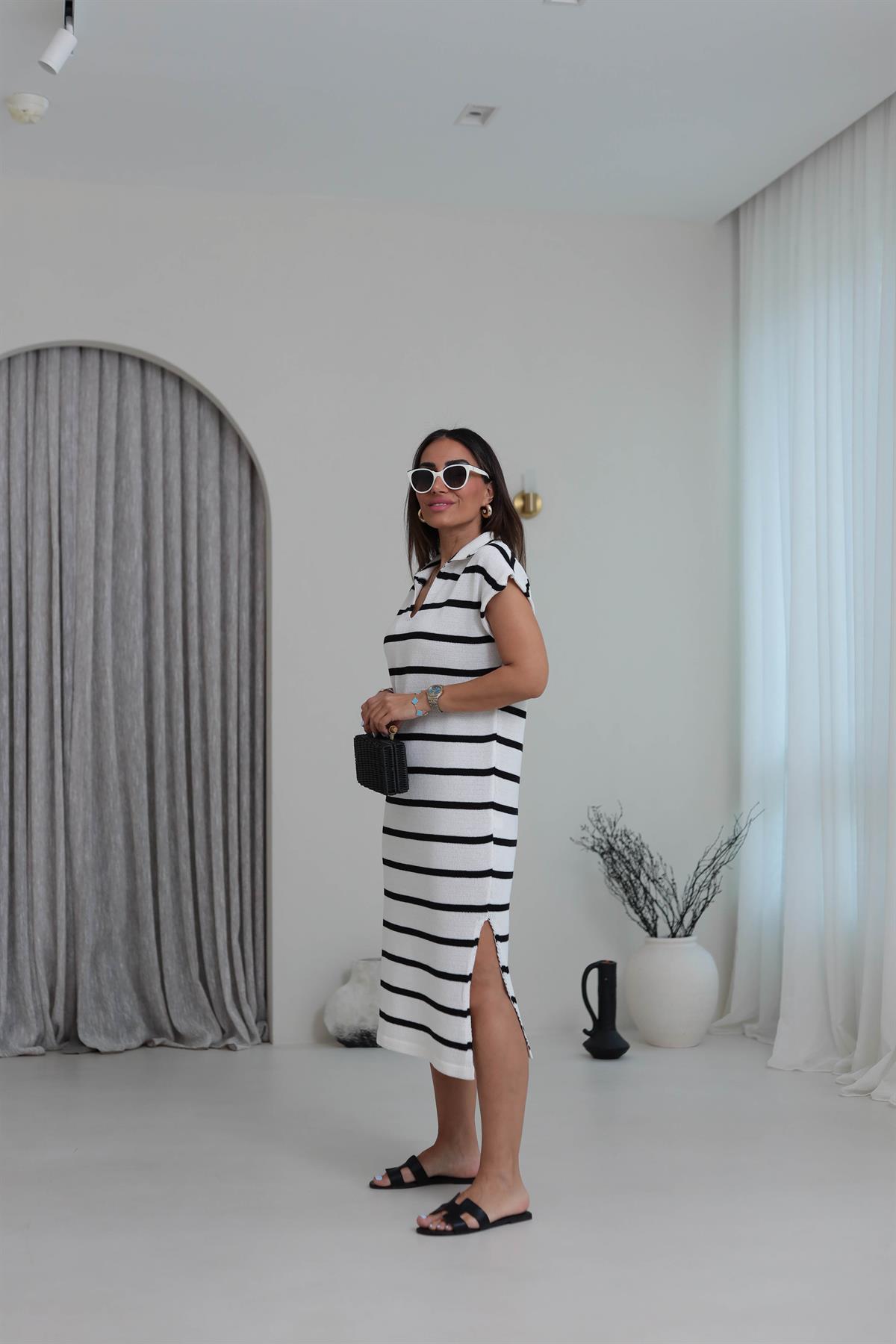 0097 Yanları Yırtmaçlı Polo Yaka Çizgili Triko Elbise ÇİZGİLİ