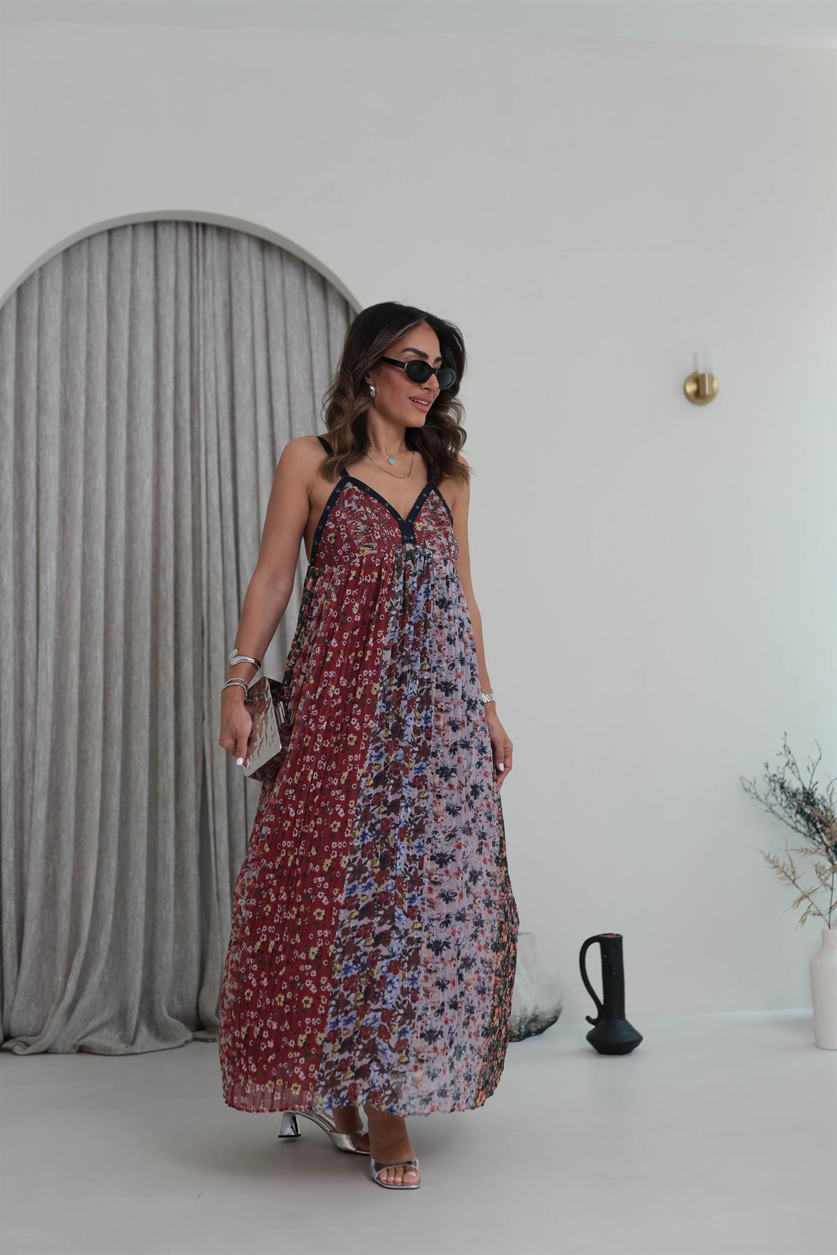 6367 İşlemeli Çiçek Desenli Pliseli Elbise ÇİÇEKLİ