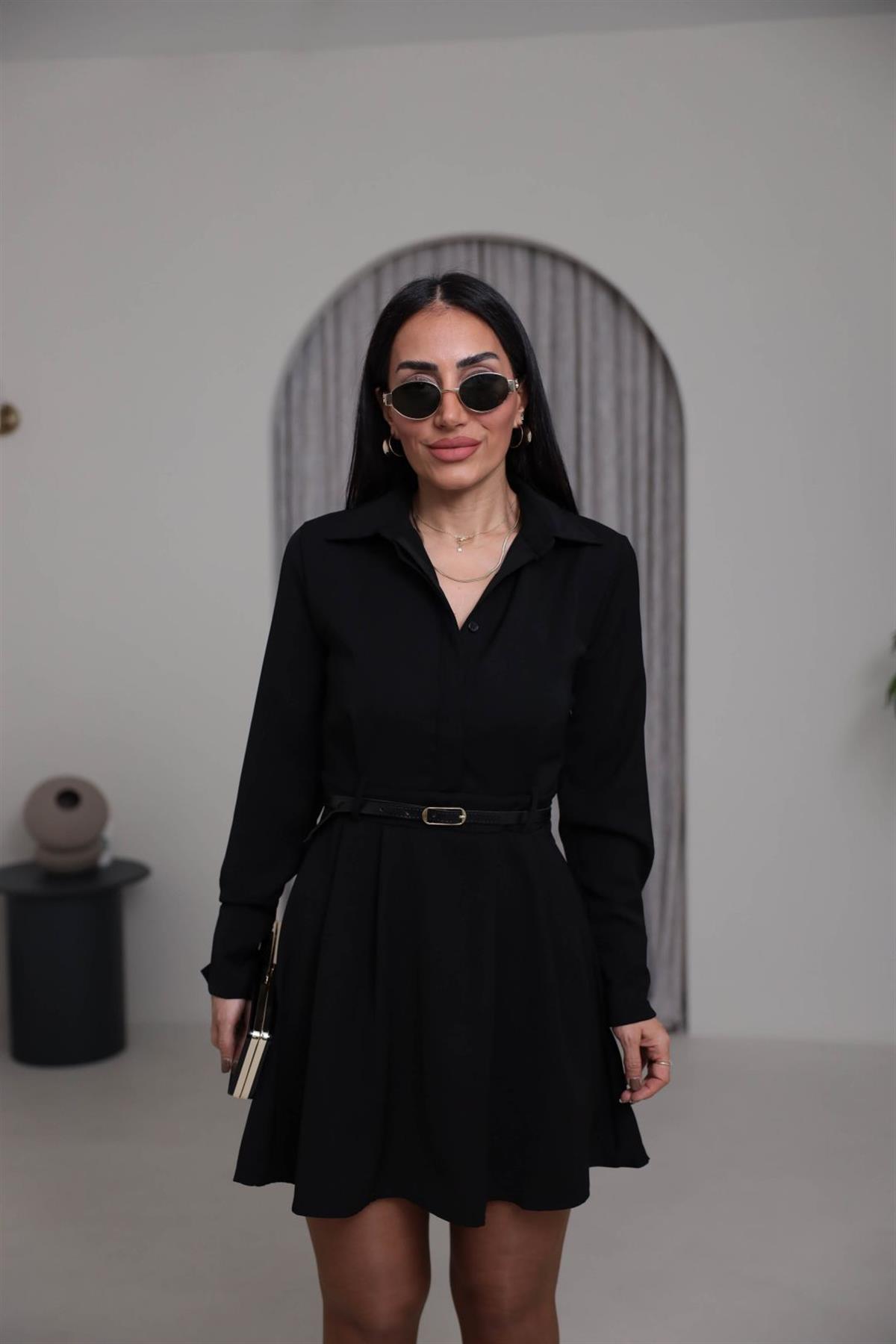 8271 Pensli İnce Kemerli Gömlek Yaka Elbise SİYAH