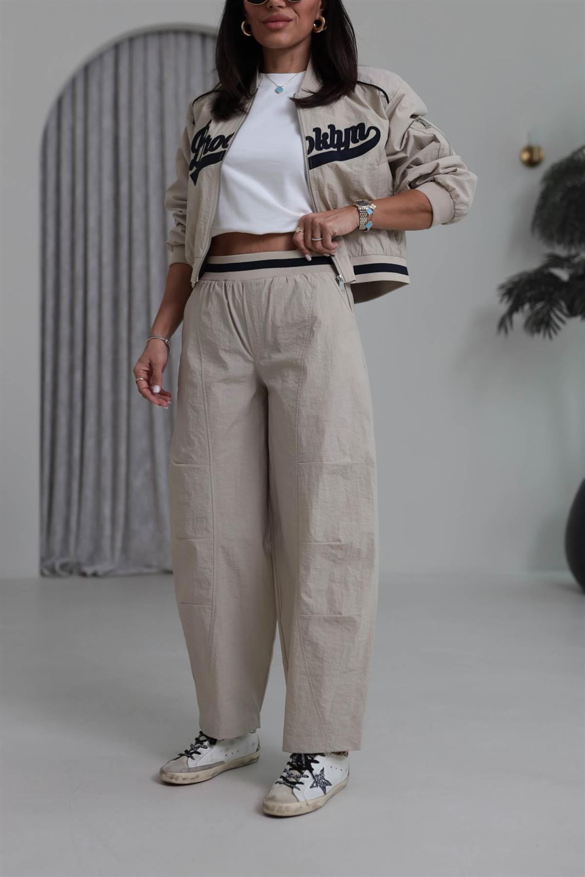 0766 Bel Ribanalı Paraşüt Kumaş Pantolon BEJ