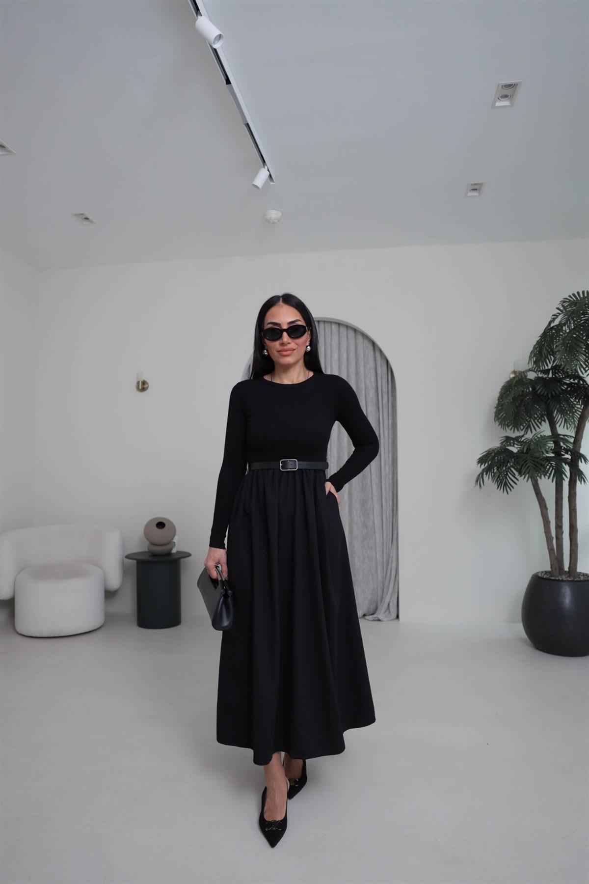 2018 Kemerli Kaşkorse Uzun Kol Elbise SİYAH