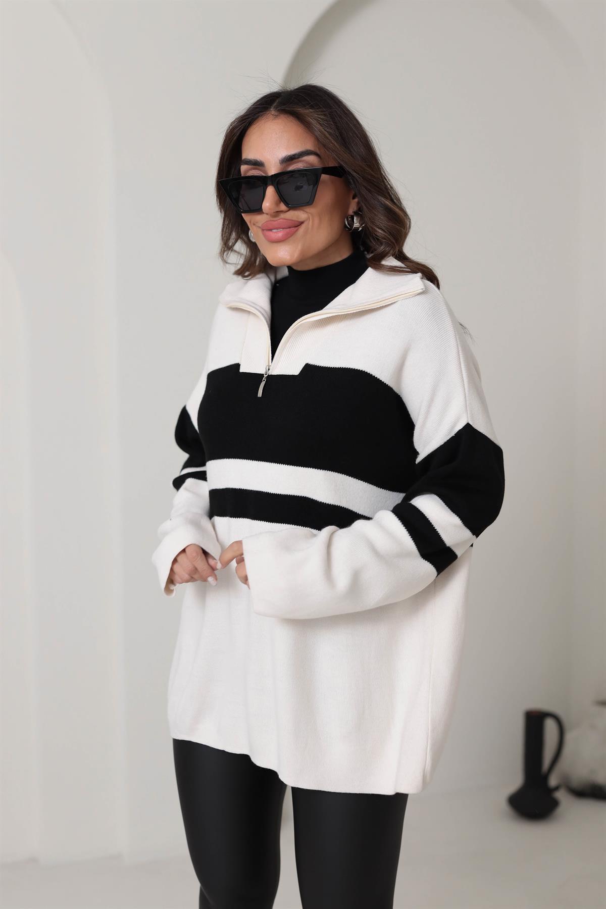 0011 Büyük Çizgili Fermuarlı Tunik Kazak KREM-SİYAH