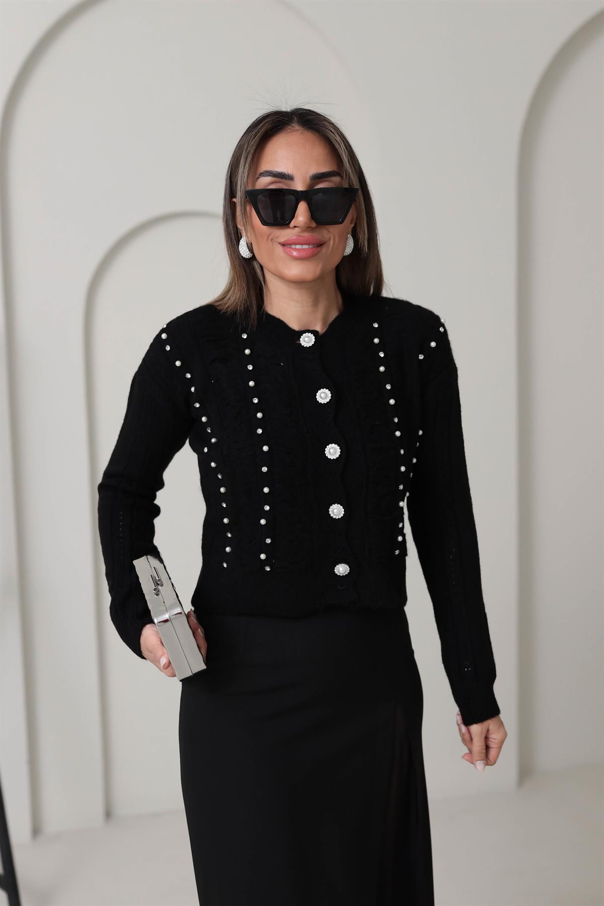 0122 Taş ve İnci Detaylı Hırka SİYAH