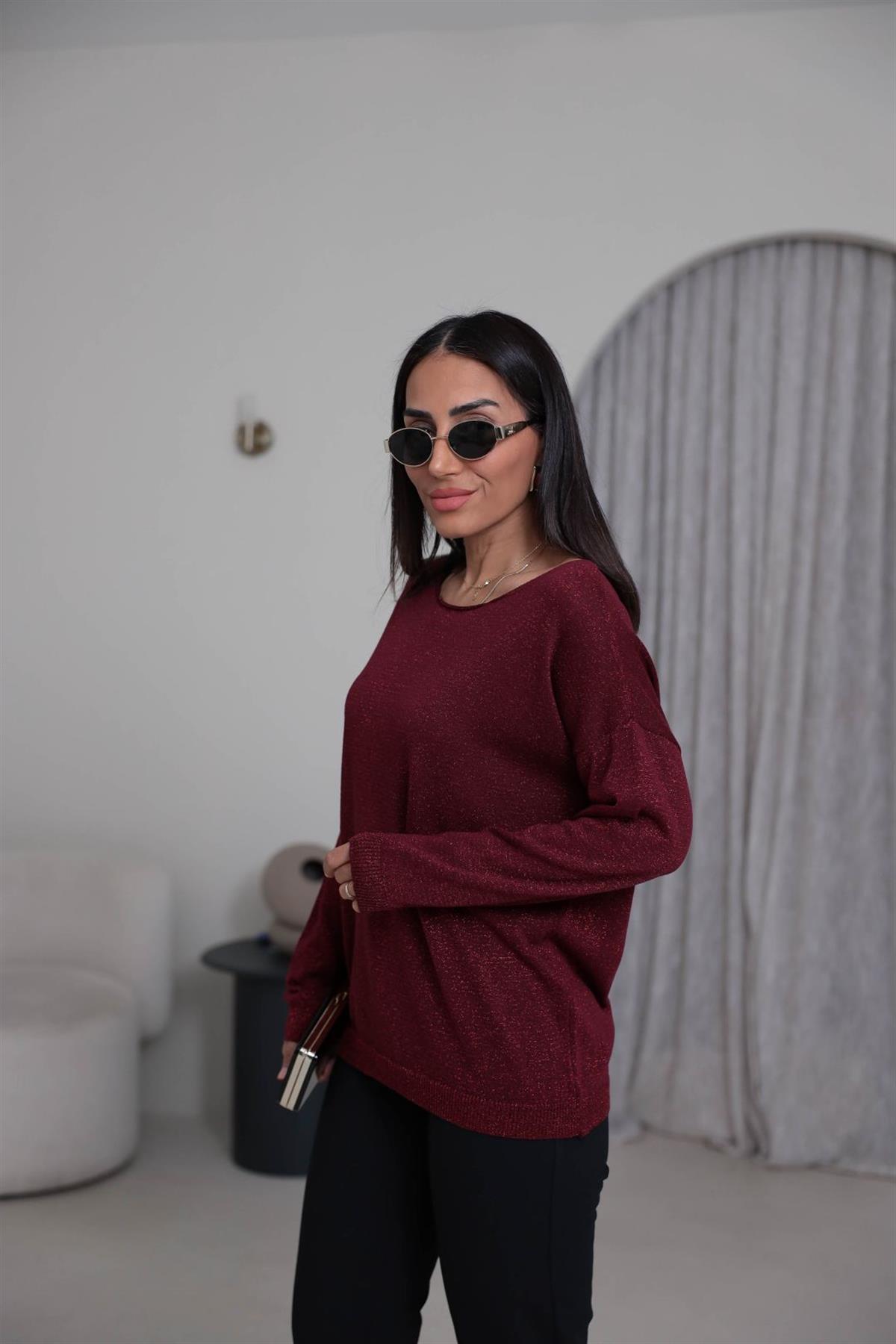 Kayık Yaka Simli Bluz BORDO