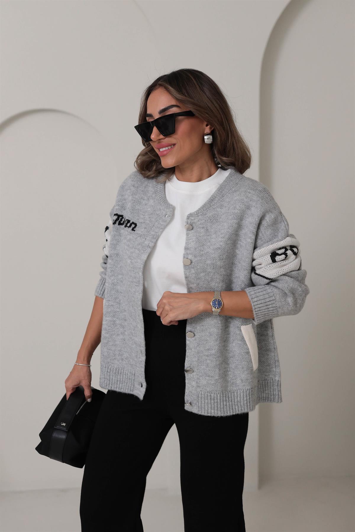 2384 Tasarım Yazı Detaylı Hırka Ceket GRİ