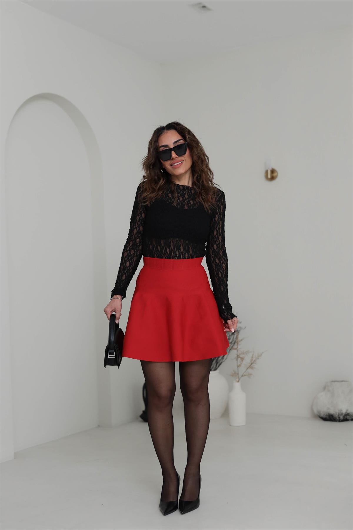 1064 Volanlı Çelik Triko Etek KIRMIZI