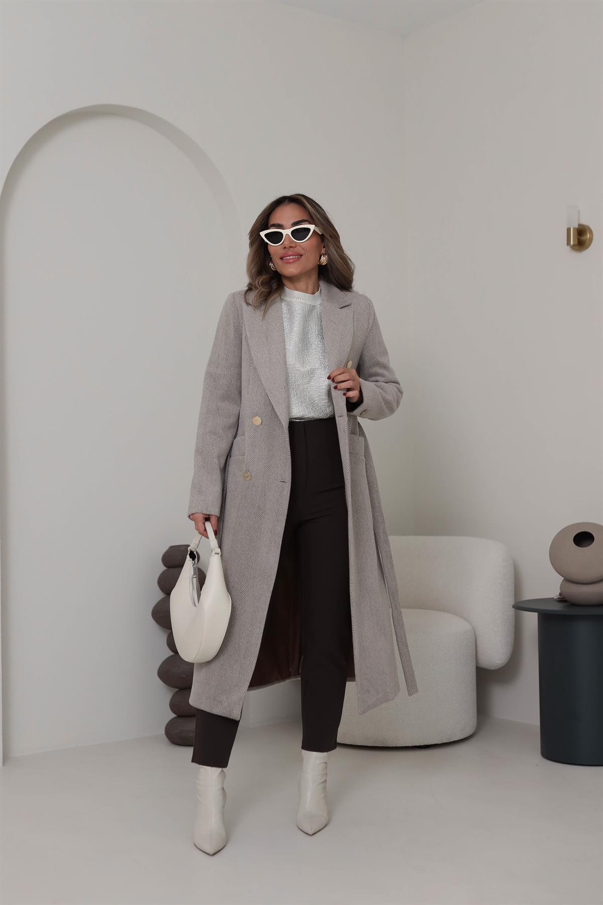 9931 Gold Düğmeli Balıksırtı Desen Kaşe Kaban