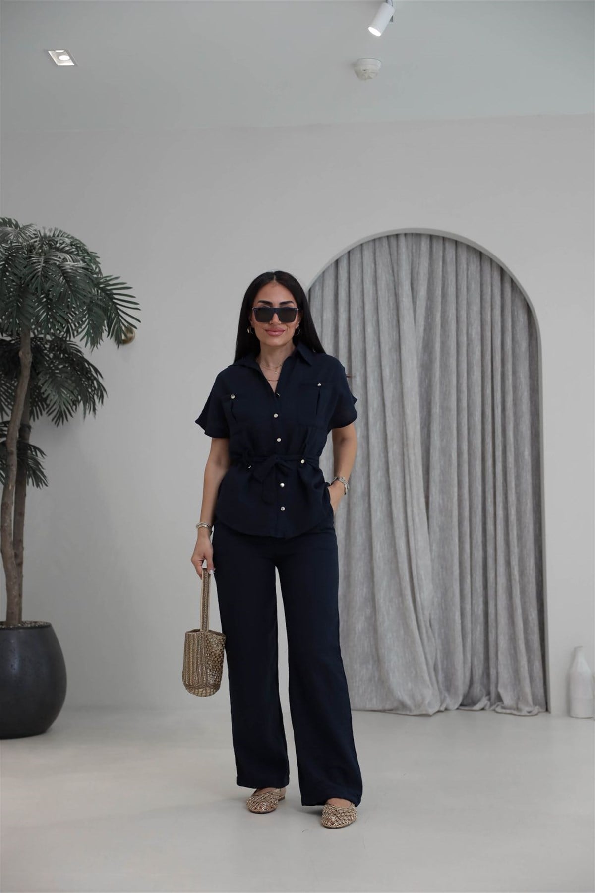 7122 Kuşaklı Gold Düğmeli Keten Takım LACİVERT