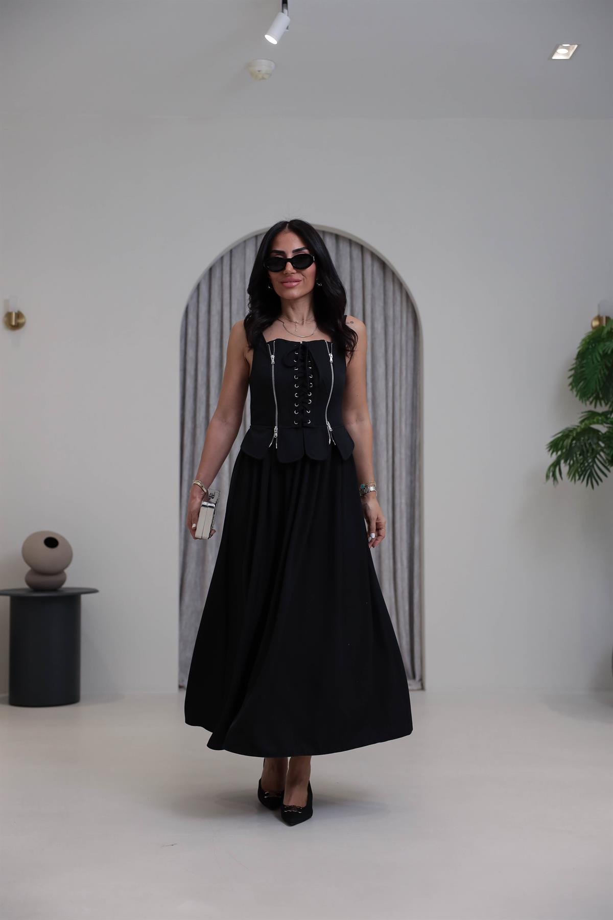 7150 Önü Fermuarlı Askılı Korsajlı Elbise SİYAH