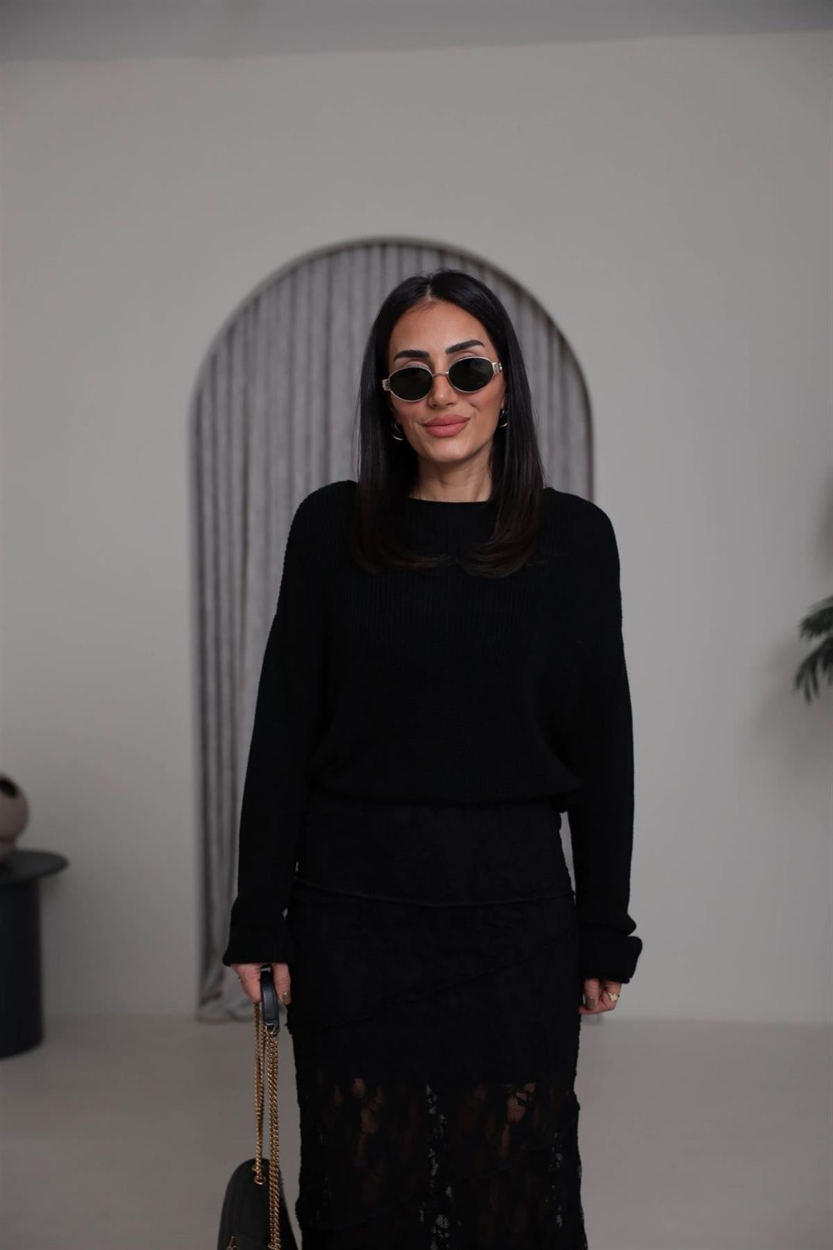 0804 Kayık Yaka Basic Triko Kazak SİYAH