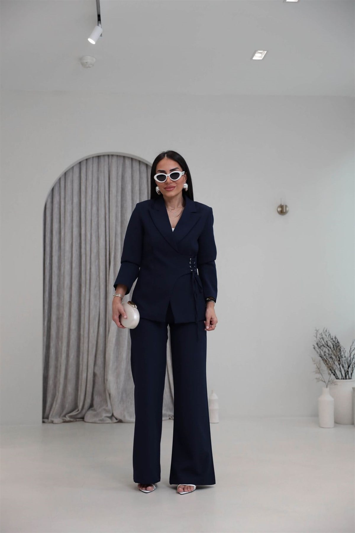 9295 Yandan Kuşgözü Bağlama Detaylı Ceket Pantolon Takım LACİVERT