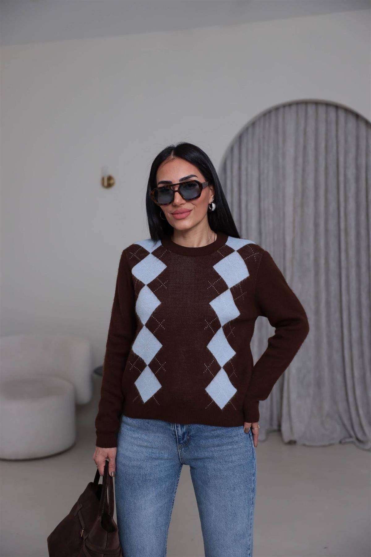 9104 Bisiklet Yaka Baklava Desen Triko Kazak ACI KAHVE