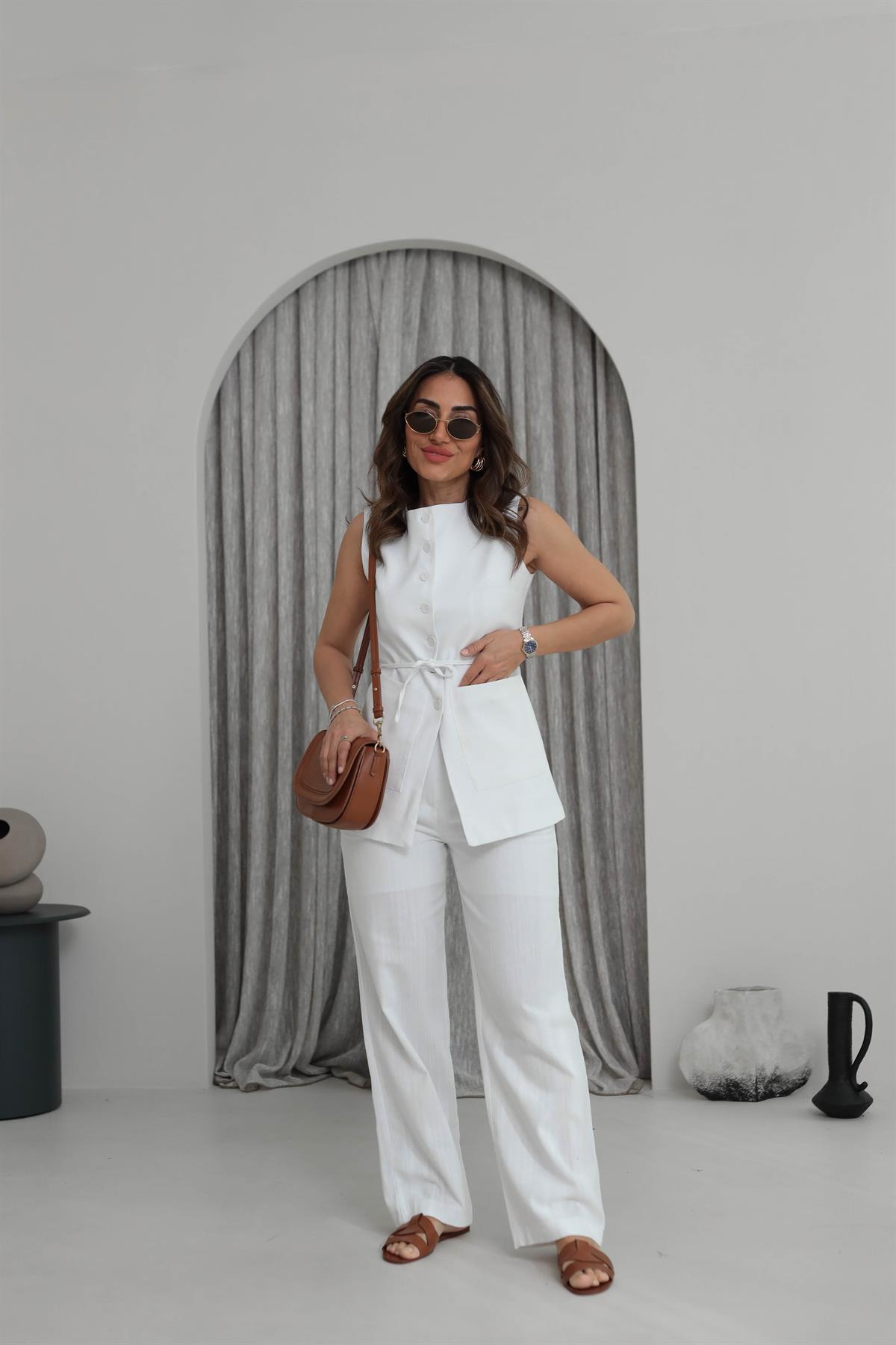 8602 Çift Cepli Keten Yelek Takım BEYAZ