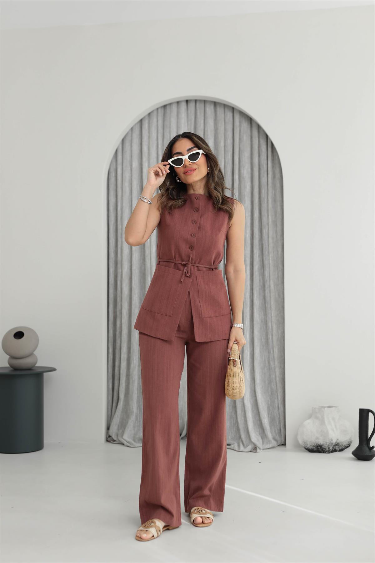 8602 Çift Cepli Keten Yelek Takım KİREMİT