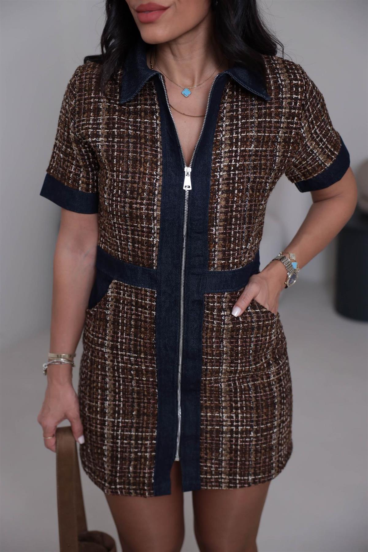 8082 Gömlek Yaka Kot Garnili Tüvit Elbise KAHVE