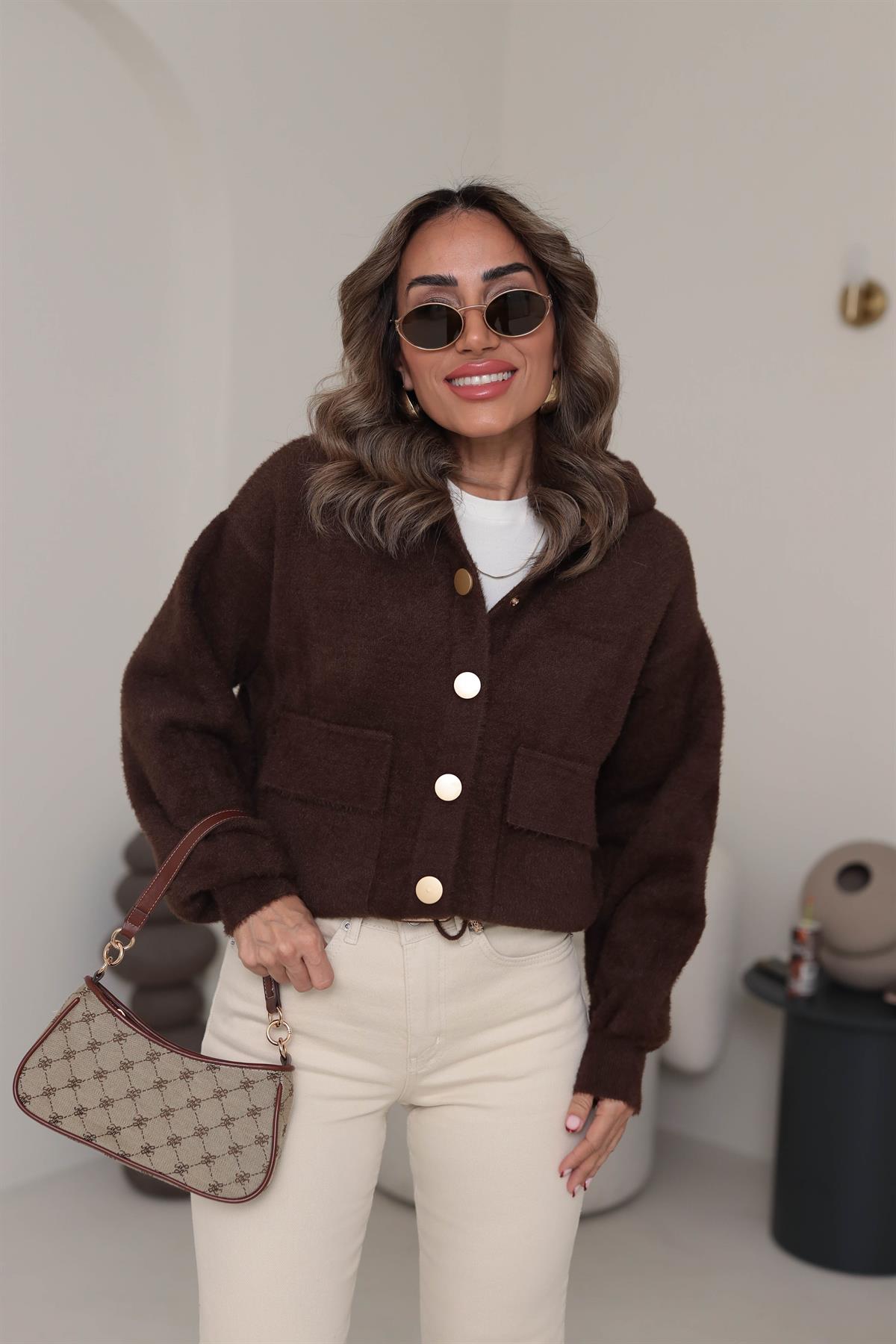 4944 Angora Kapşonlu Gold Düğmeli Hırka ACI KAHVE