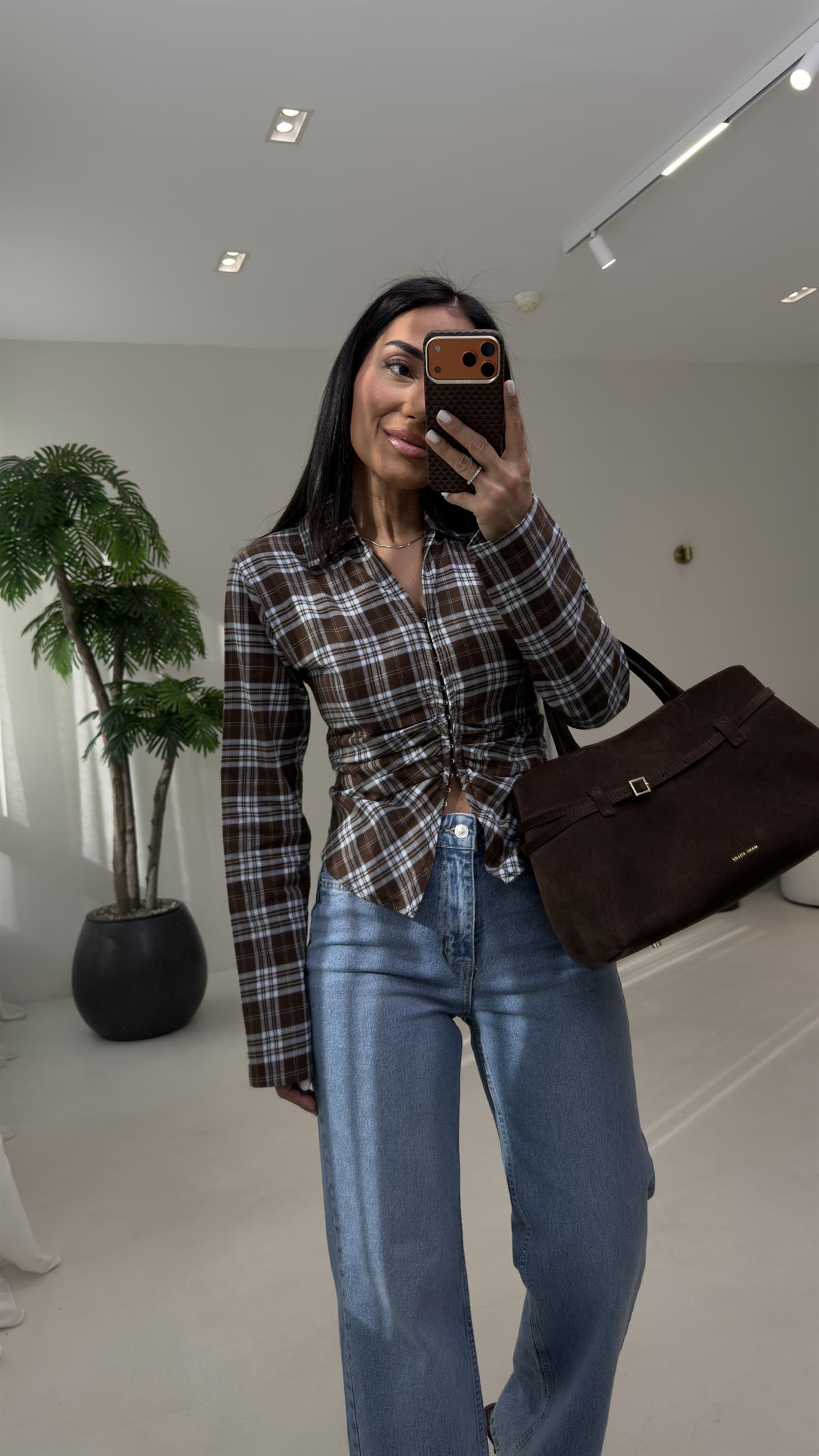 0817 Agraflı Ekose Gömlek KAHVE