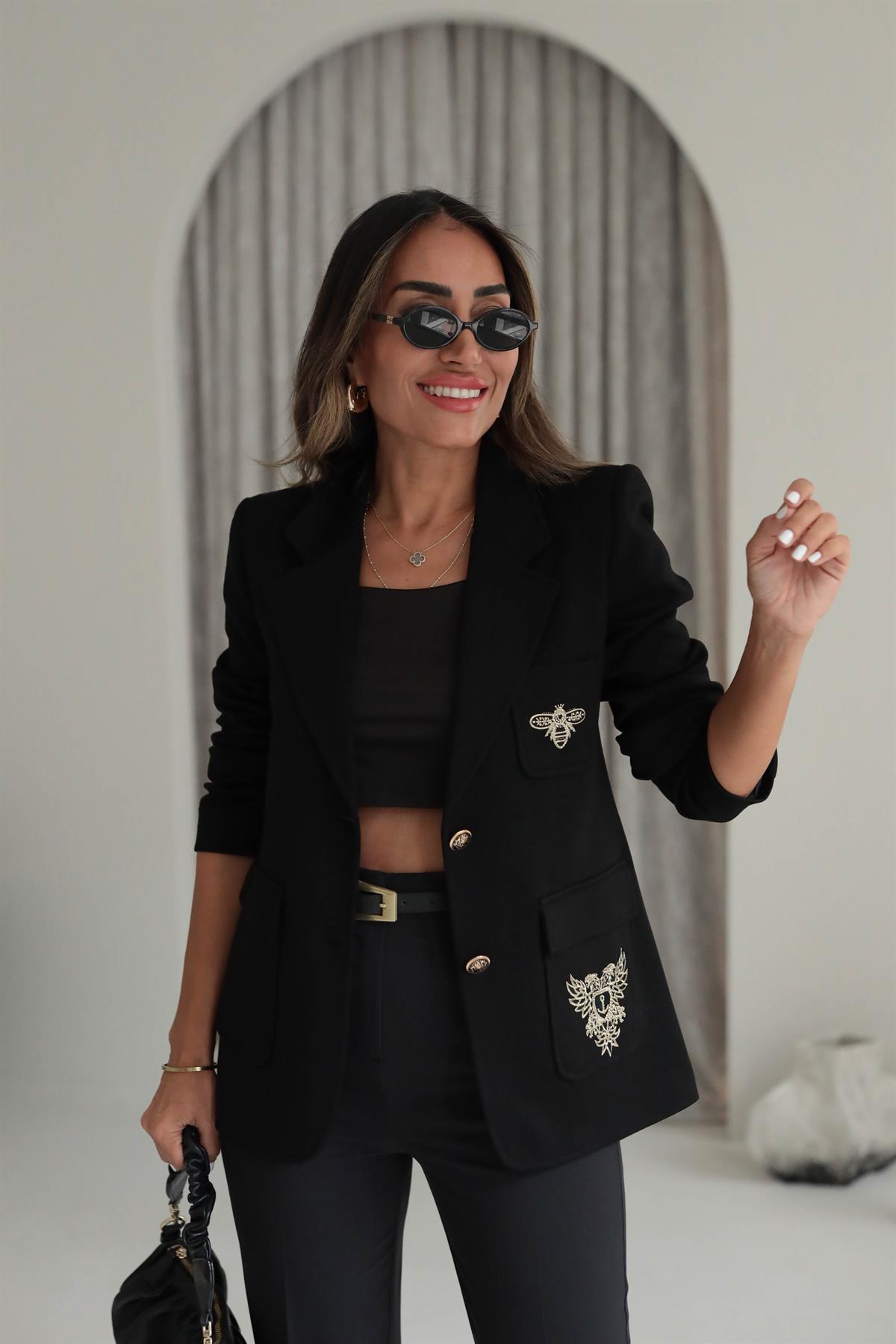 8931 Nakış İşlemeli Blazer Ceket SİYAH