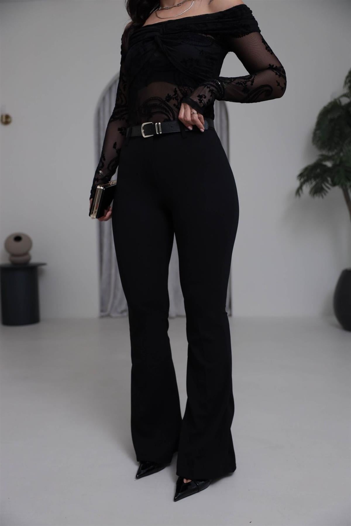 1741 Kemerli Likralı Kumaş Pantolon SİYAH