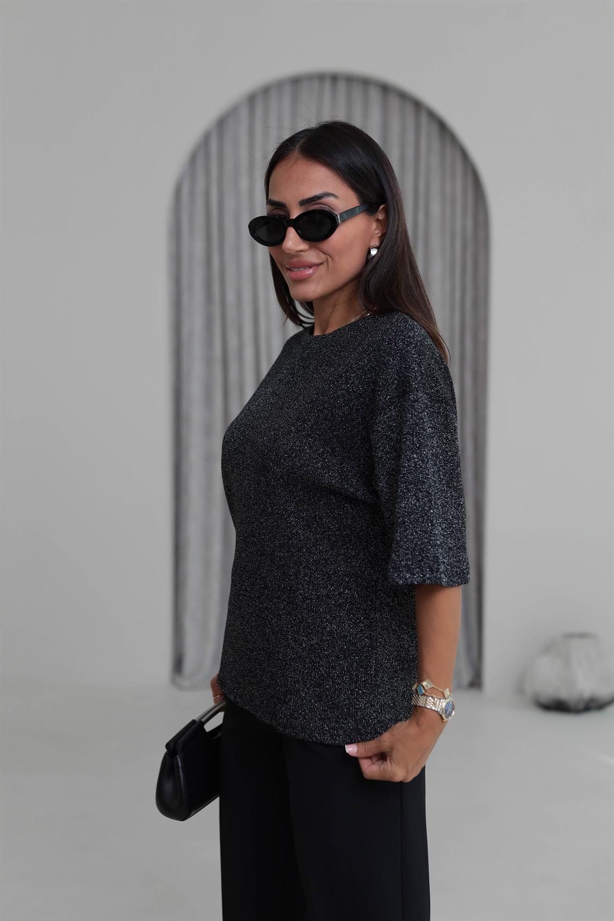 1165 Simli Bisiklet Yaka Triko Bluz SİYAH