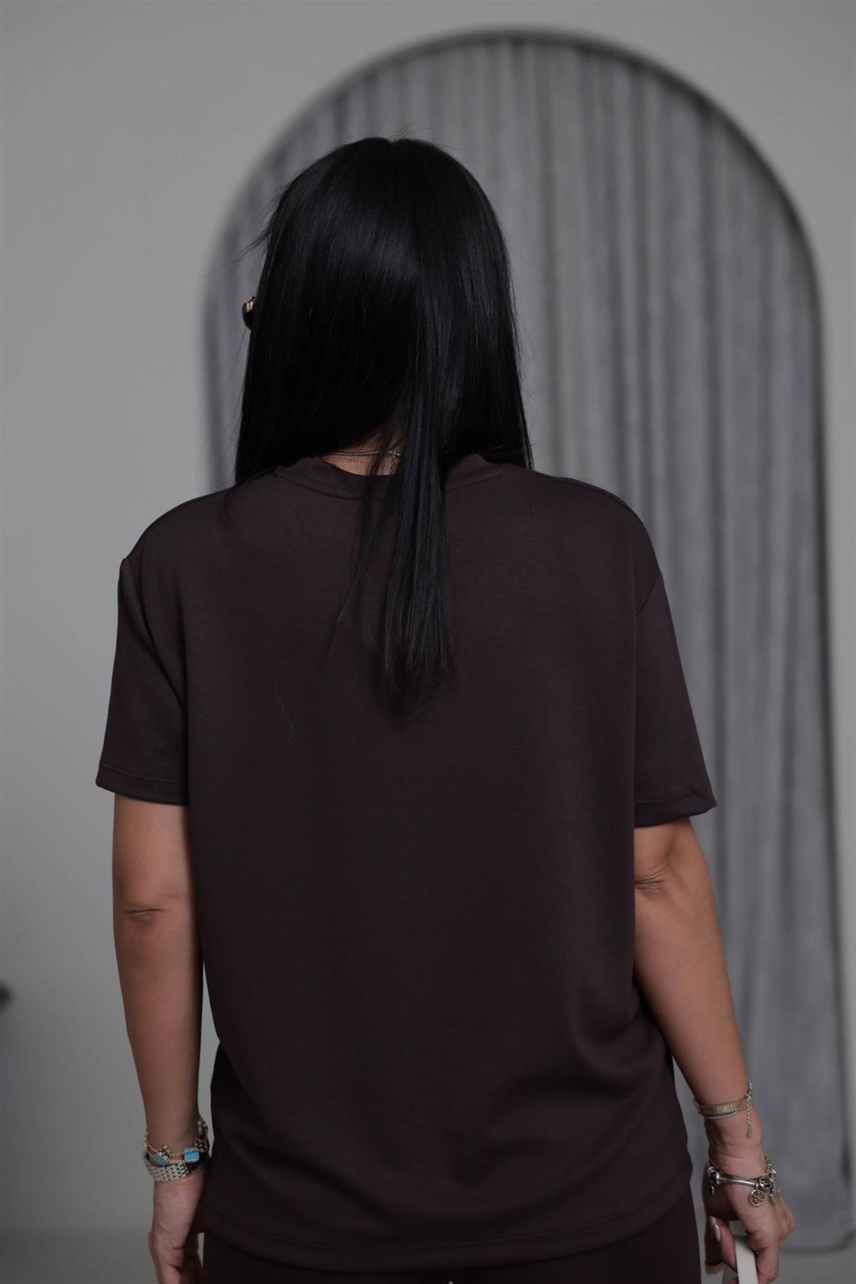 T906 Bisiklet Yaka Oversize Modal Tshirt ACI KAHVE