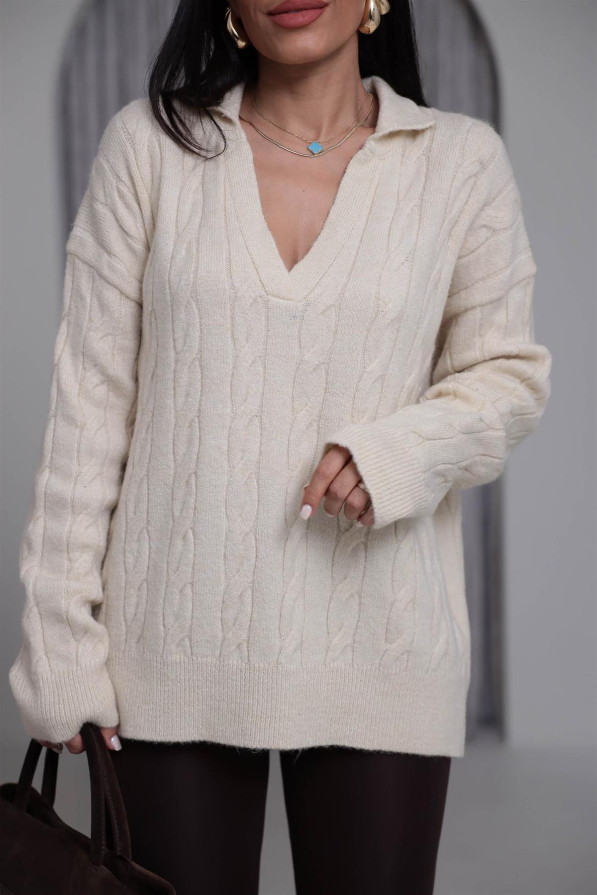 0736 V Yaka Saç Örgü Uzun Kazak KREM