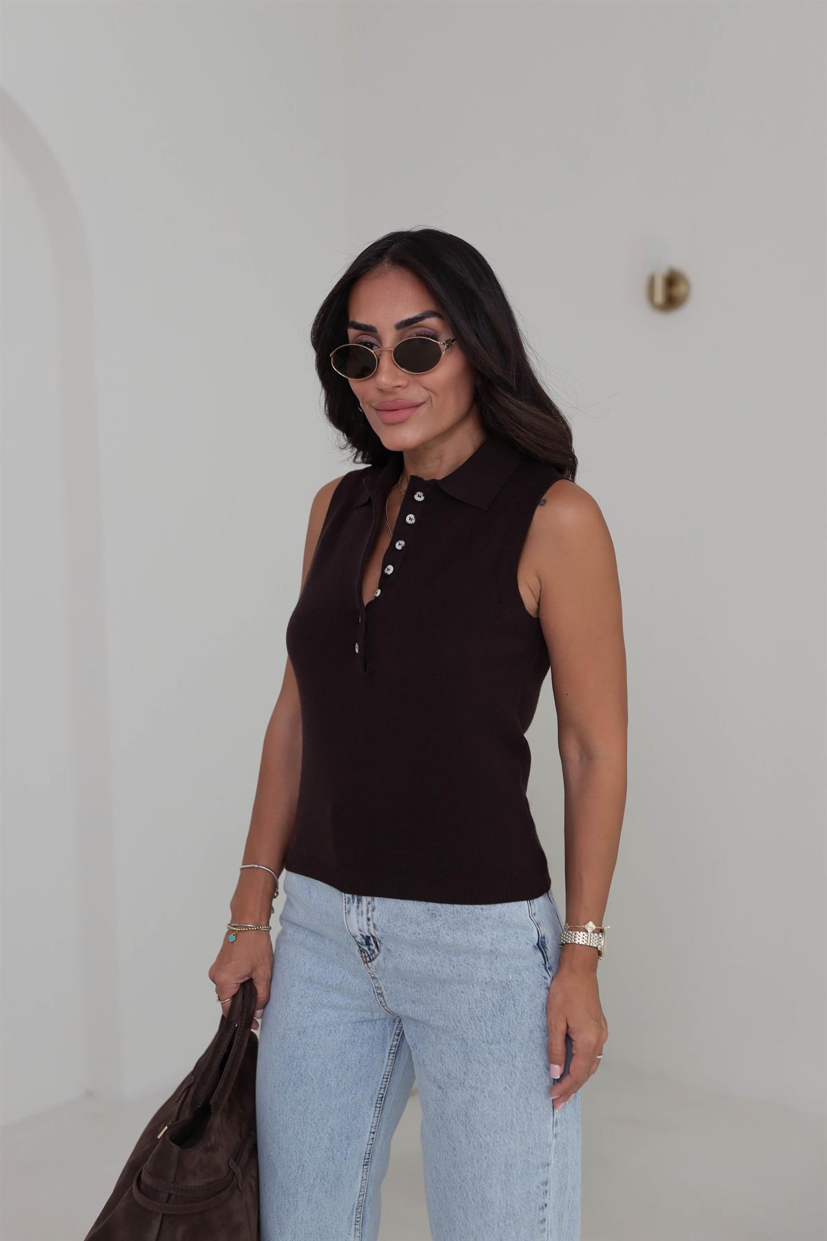 Polo Yaka Yarım Düğmeli Süveter KAHVE