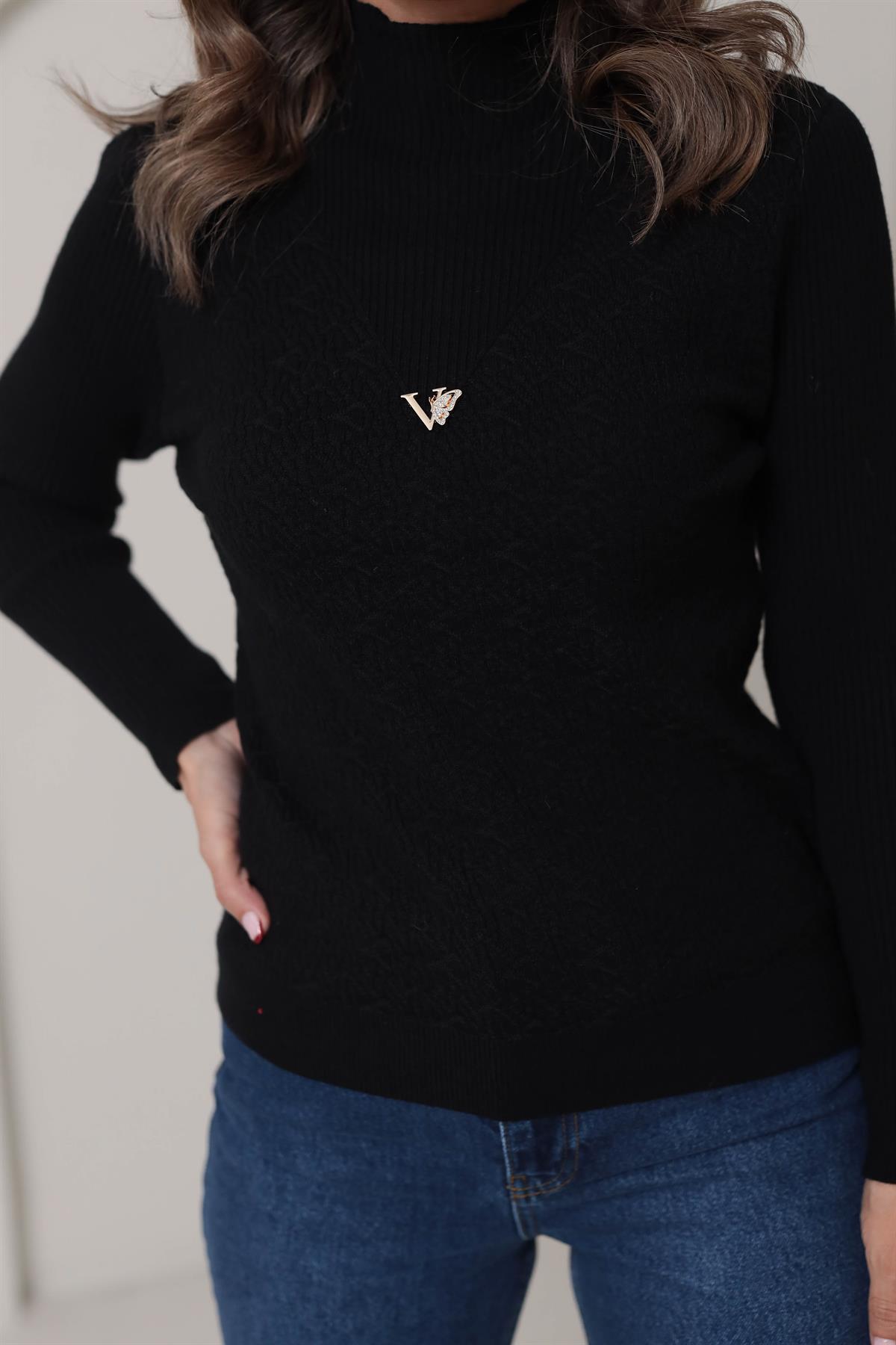 0248 Korspan Dik Yaka V Armalı Yumuşak Triko SİYAH