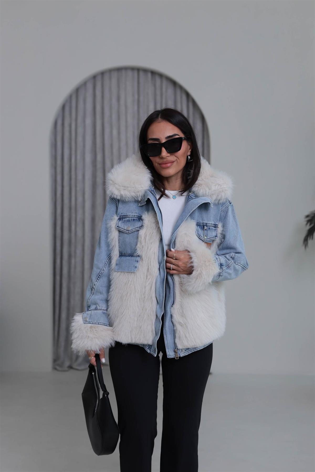 2726 Kürk Garnili Kot Detaylı Mont EKRU