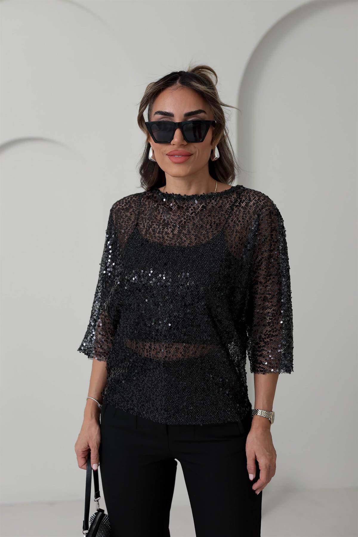 9380 Yarasa Kol Pul Payetli Bluz SİYAH
