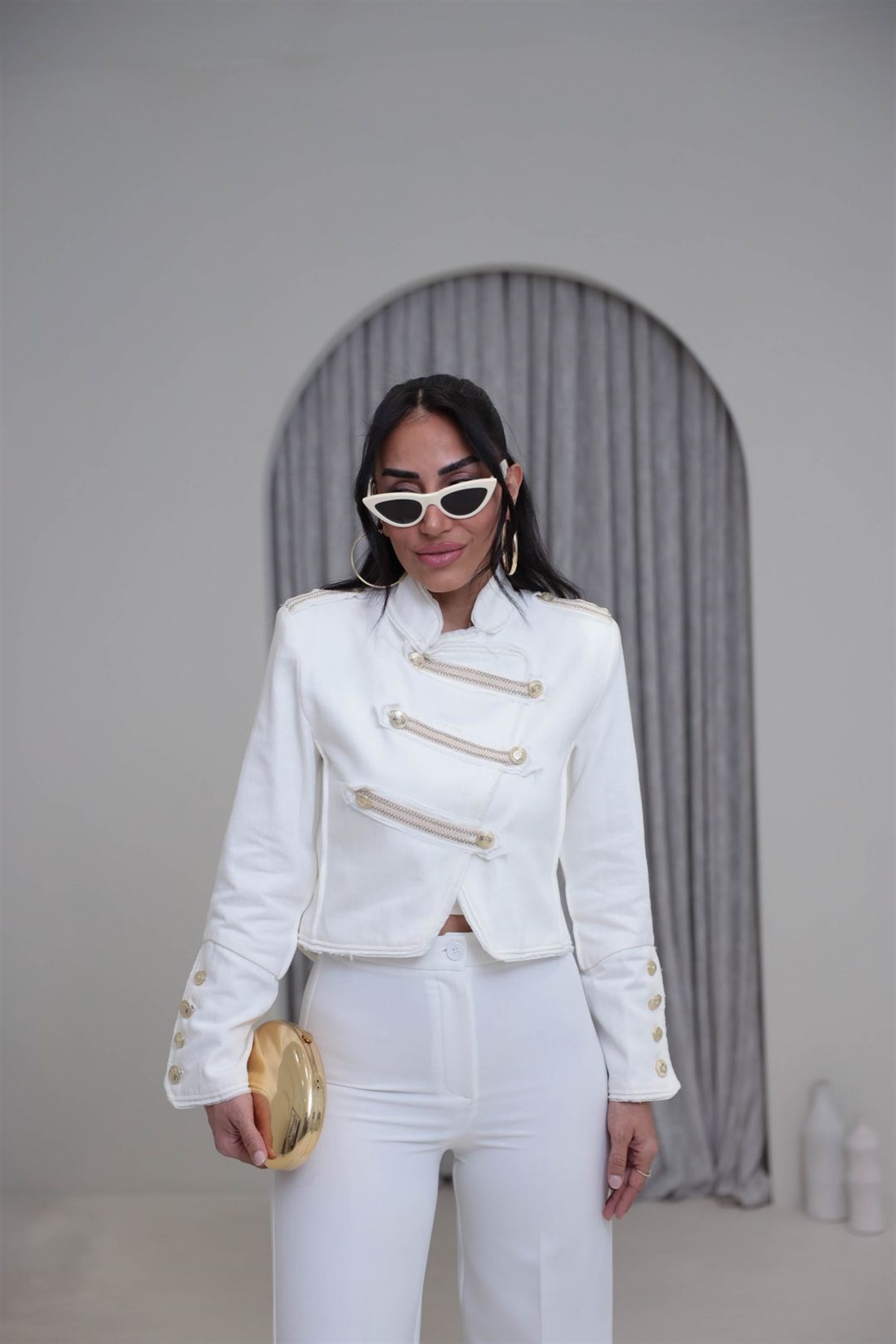 3348 Gold Düğmeli Military Kısa Ceket EKRU