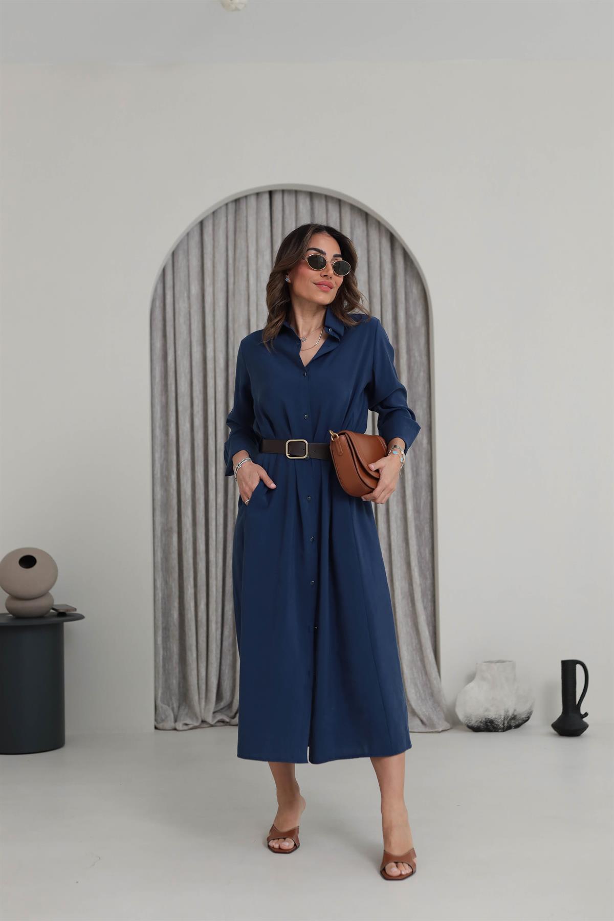0286 Gold Düğmeli Tencel Gömlek Elbise LACİVERT