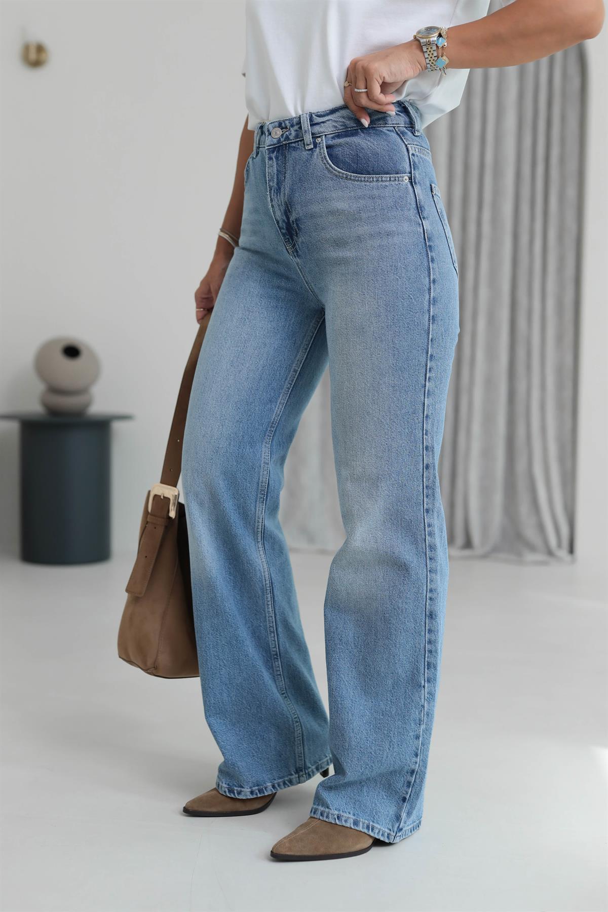 2048 Yüksek Bel Kırıklı Kumaş Wide Leg Jean AÇIK MAVİ