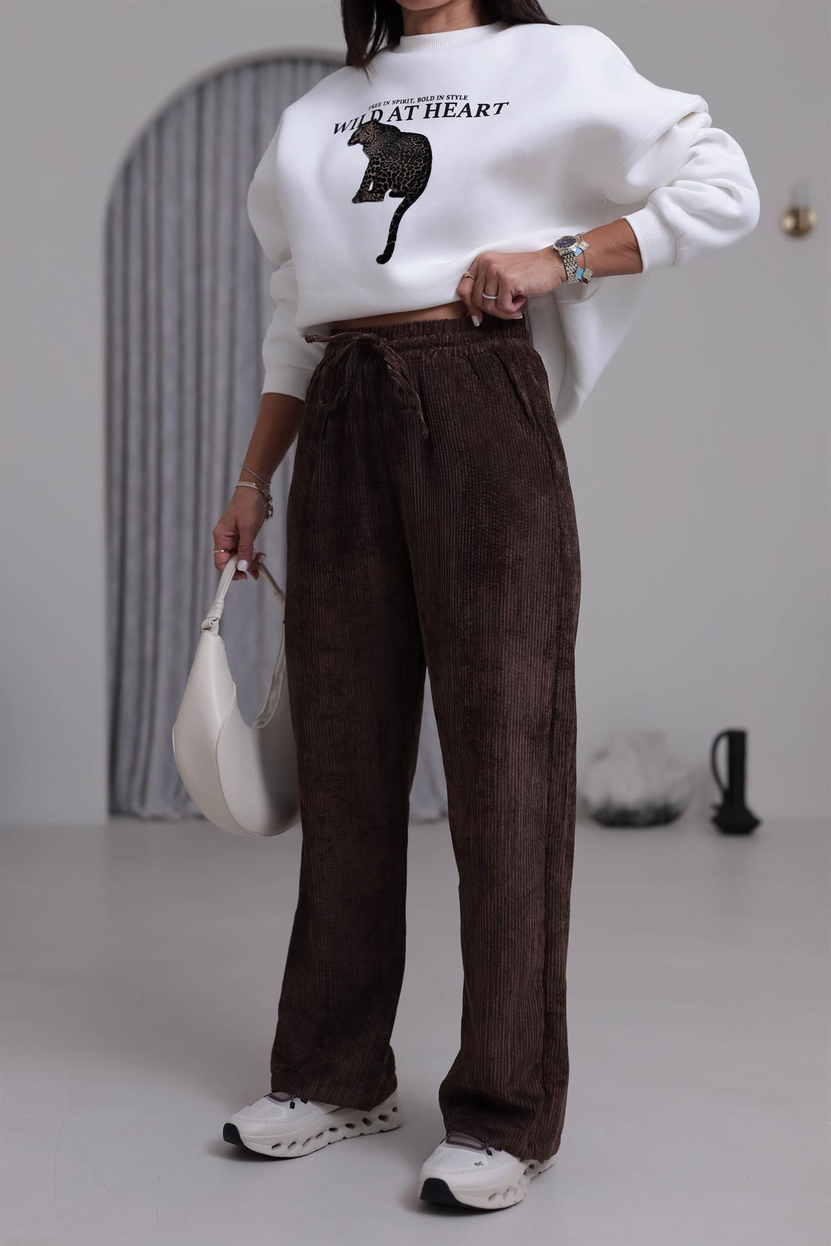 1183 Eskitme Efektli Bel Lastikli Kadife Pantolon KAHVE