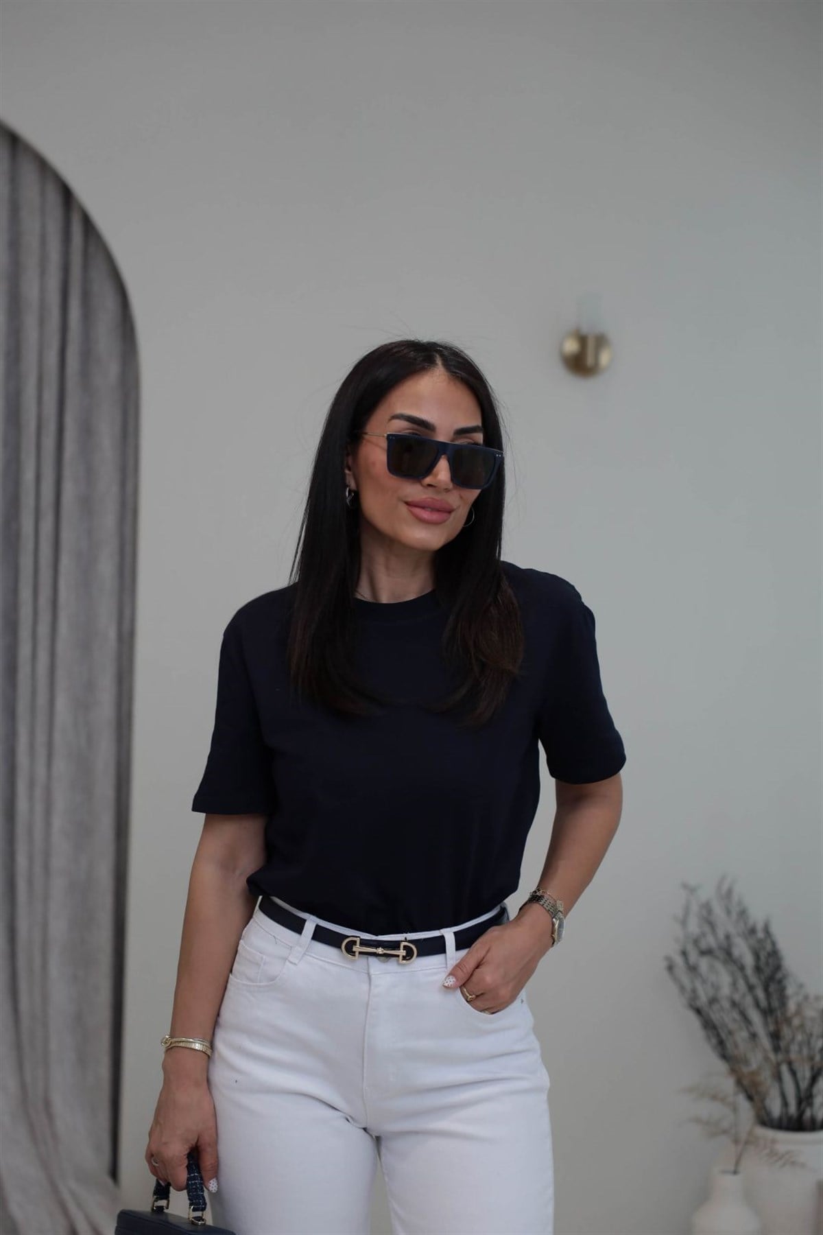 0312 Dekoratif Dikişli Pamuklu Tshirt LACİVERT