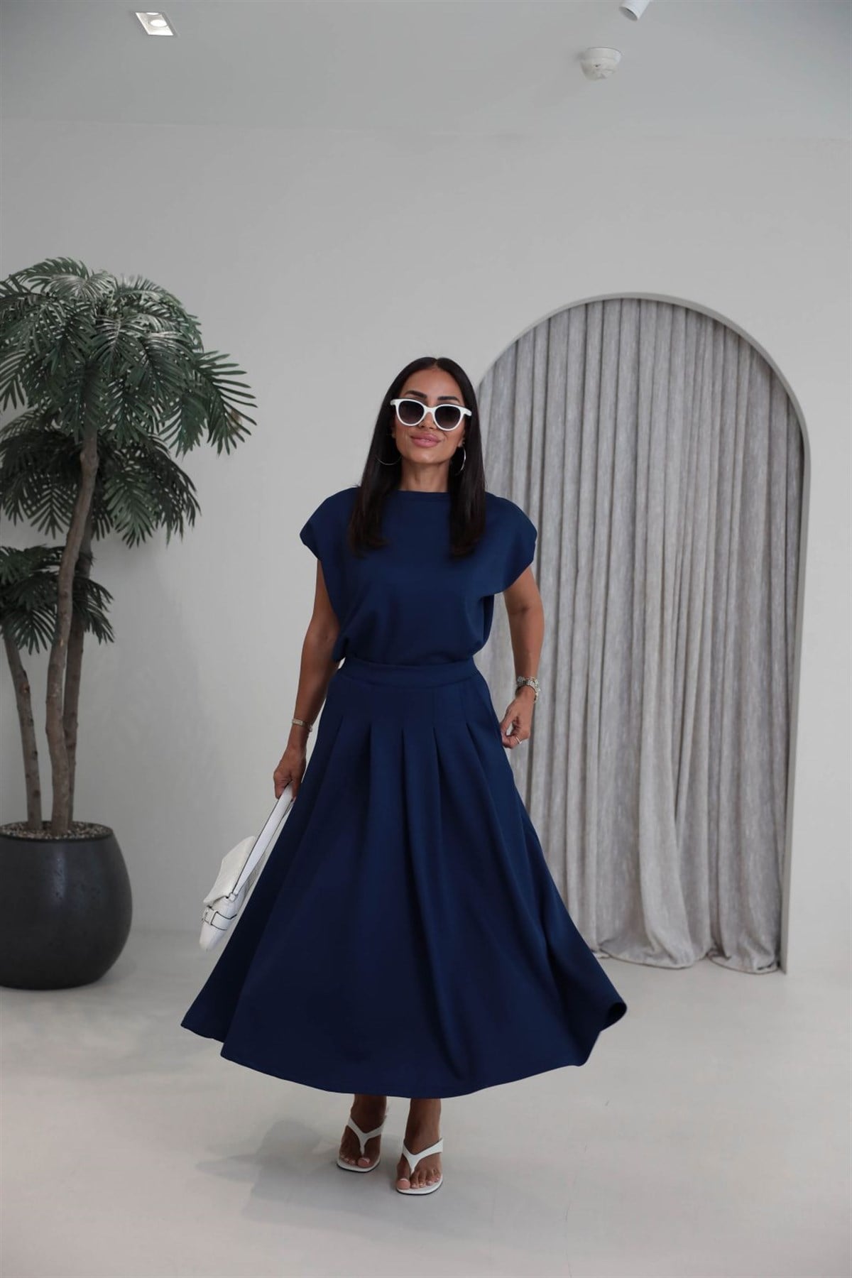 7150 Vatkalı Penye Bluz ve Pileli Etekli Takım LACİVERT