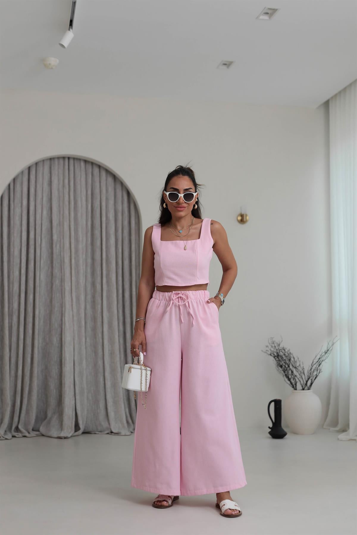 9381 Keten Kare Yaka Büstiyer Pantolon Takım PEMBE