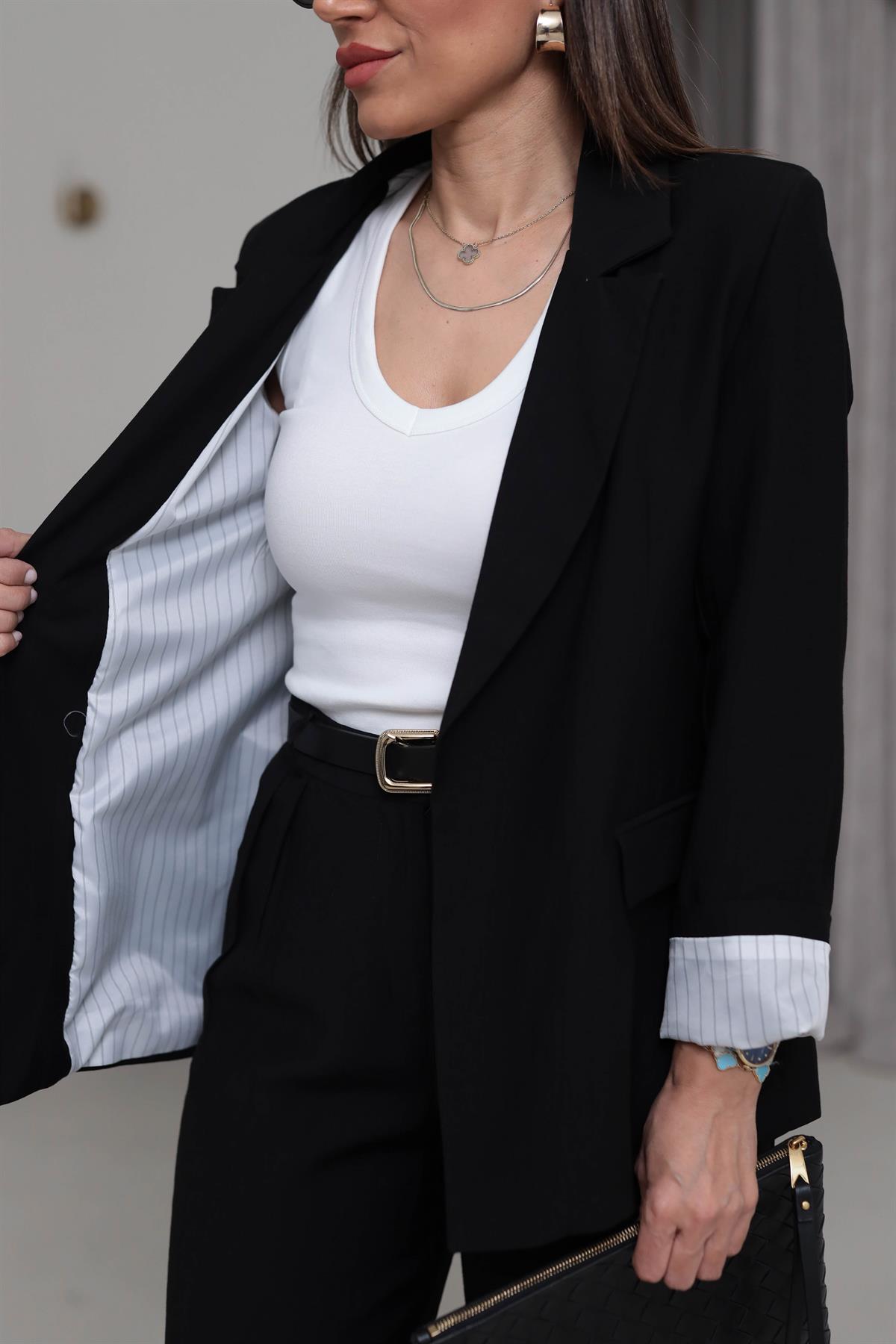 50178 Aeronbin Kol Katlamalı Çizgili Blazer Ceket SİYAH