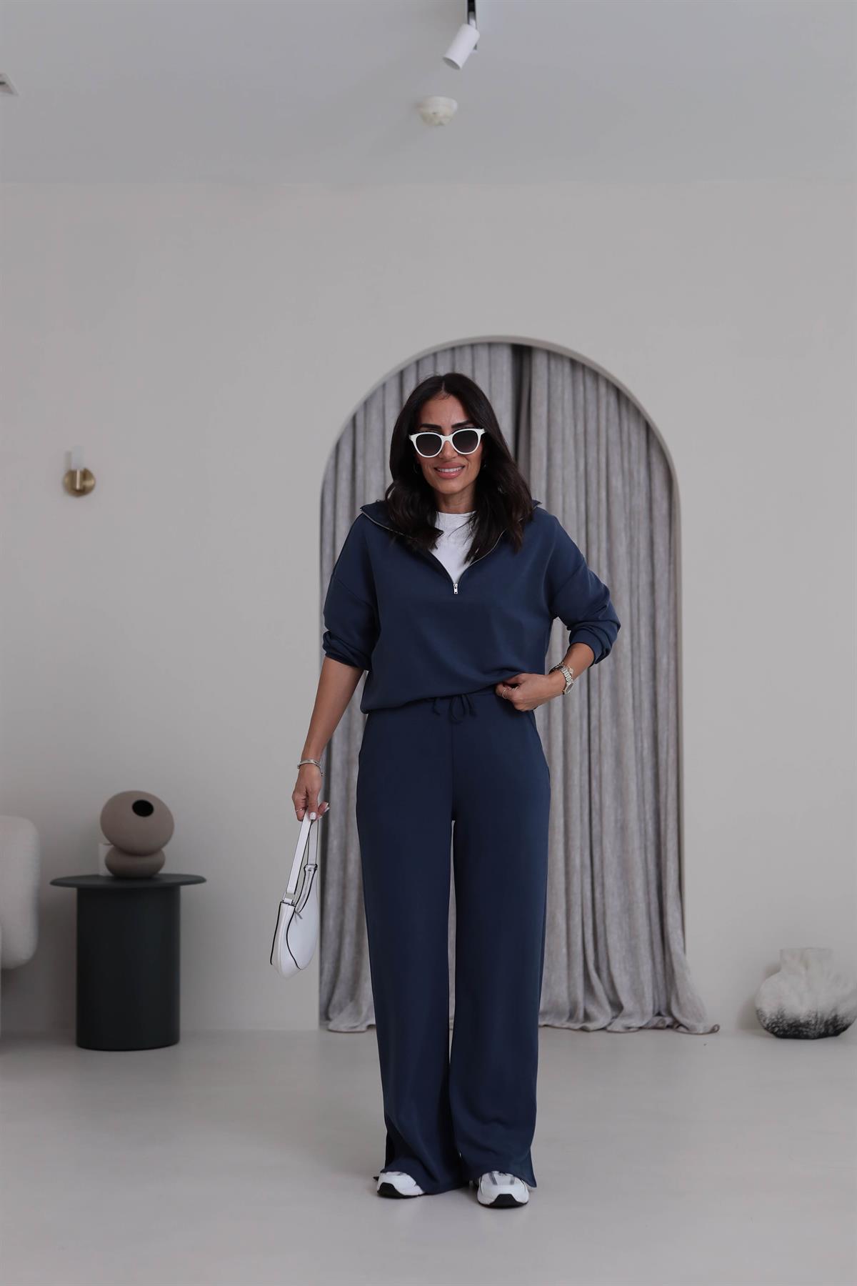 Yanları Yırtmaç Detaylı Yarım Fermuarlı Modal Takım LACİVERT