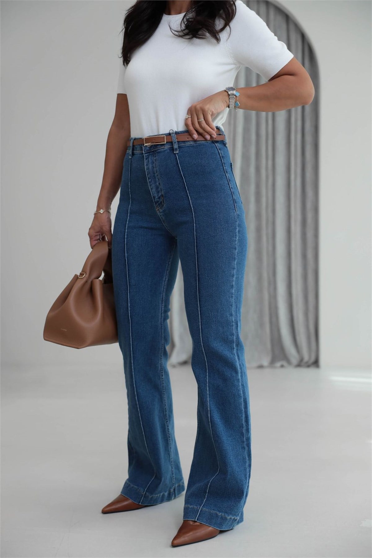 2628 Kemerli Önü Çimalı Denim Pantolon AÇIK MAVİ