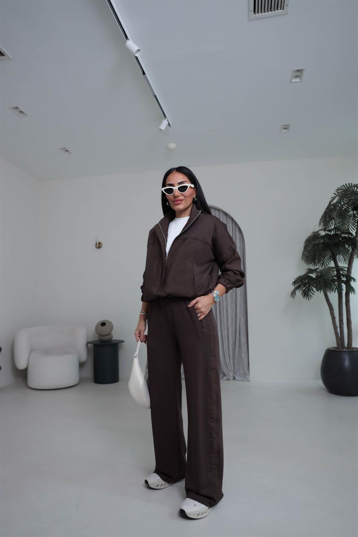 3601 Fermuarlı Büzgülü Paraşüt Garnili Takım KAHVE