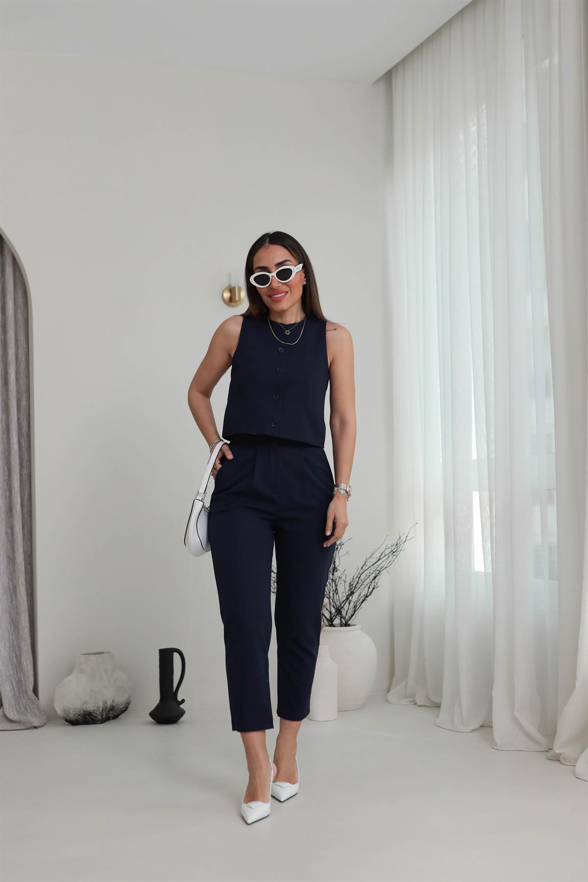 1154 Pensli Bel Lastikli Havuç Pantolon LACİVERT