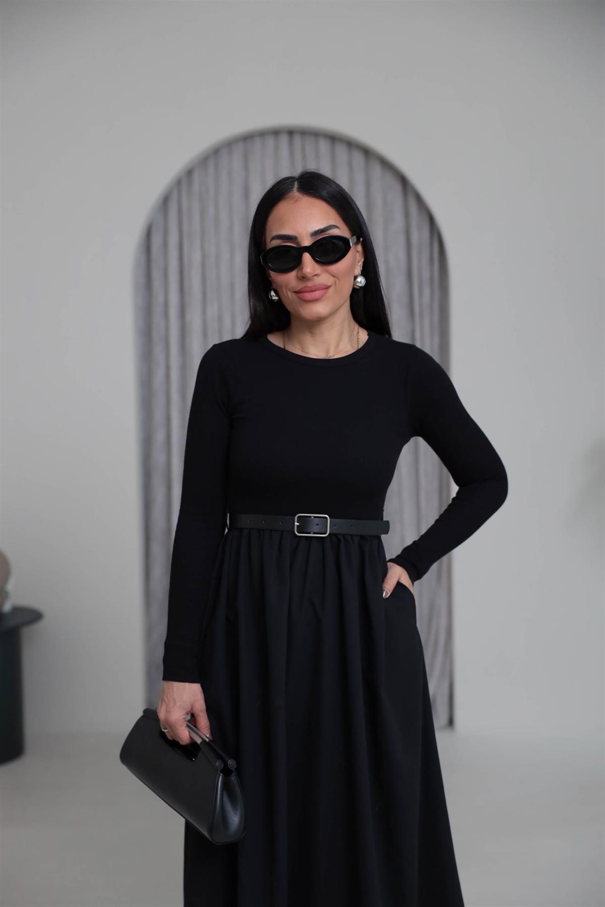 2018 Kemerli Kaşkorse Uzun Kol Elbise SİYAH